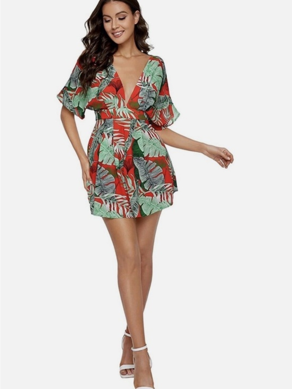 Vici Tropical Leaf Print Mini Dress in Red and Green- Size MEDIUM